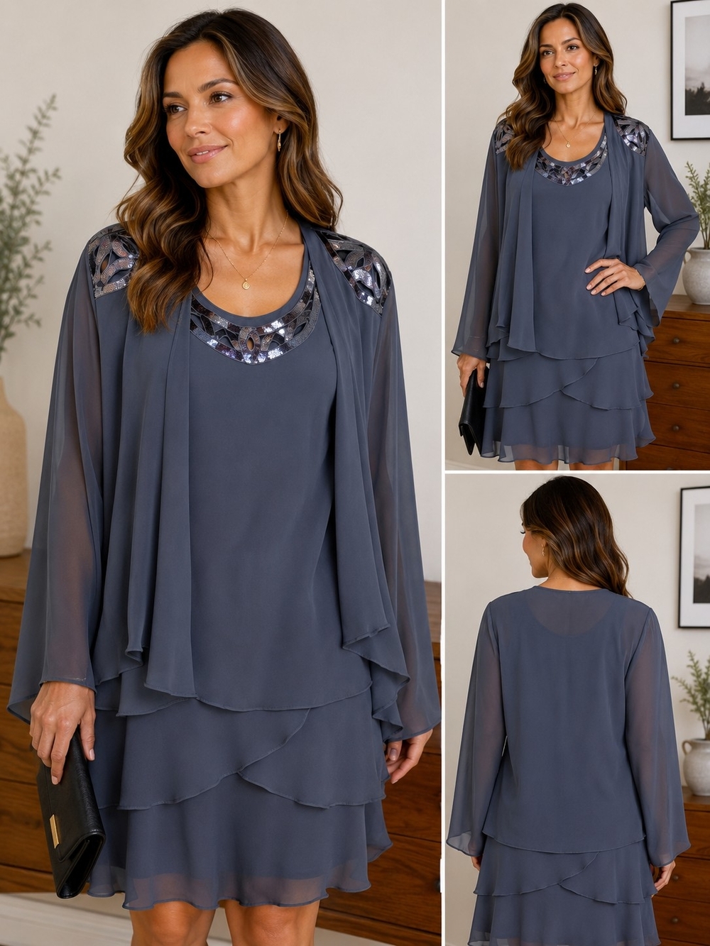 Elegant Layered Midi Dress with Sequin Scoop Neck - Slate Gray